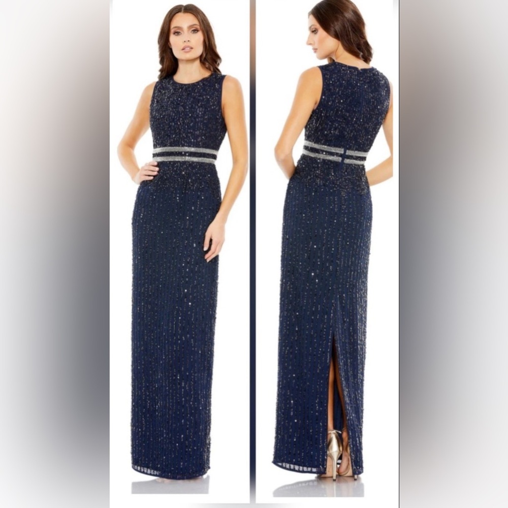 Mac Duggal SEQUIN High NECK Beaded SLEEVELESS COLUMN GOWN Sz 4 Navy Blue 93603